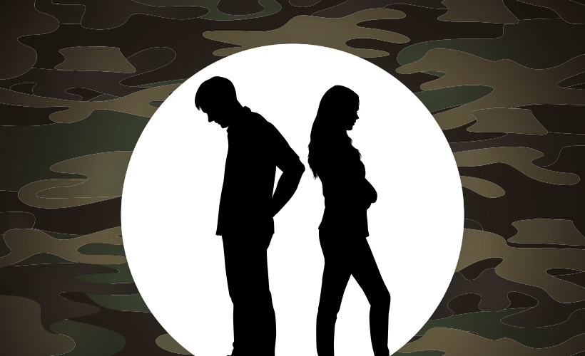 Silhouette figures of a man and woman standing back-to-back inside a white circle against a camouflage background.