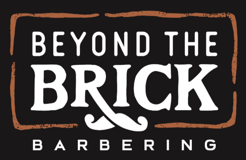A logo for beyond the brick barbering with a mustache