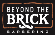A logo for beyond the brick barbering with a mustache