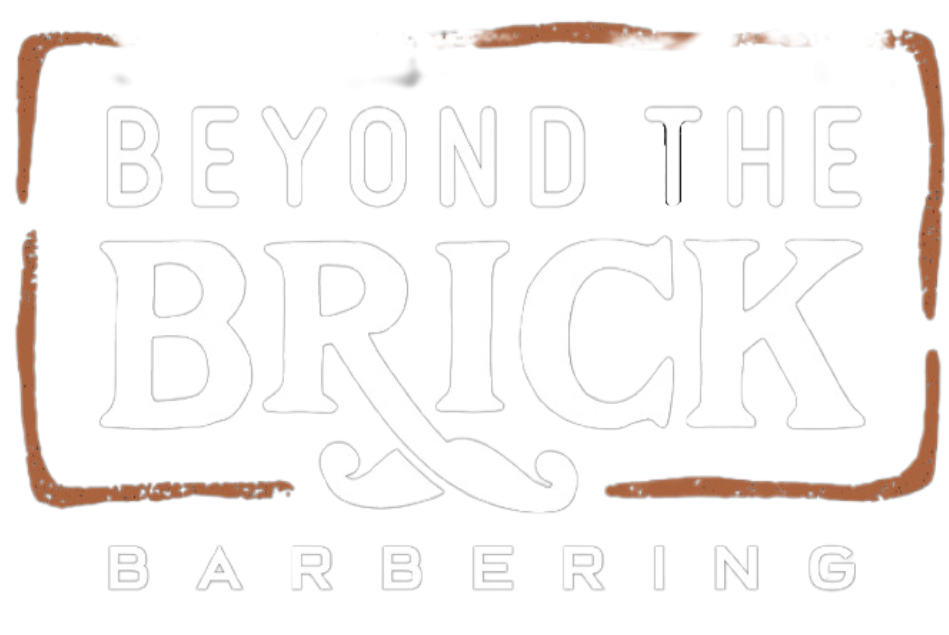 The logo for beyond the brick barbering is white and brown.