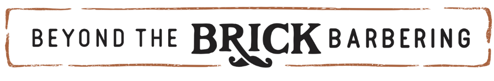 A logo for beyond the brick barbering with a beard and mustache.