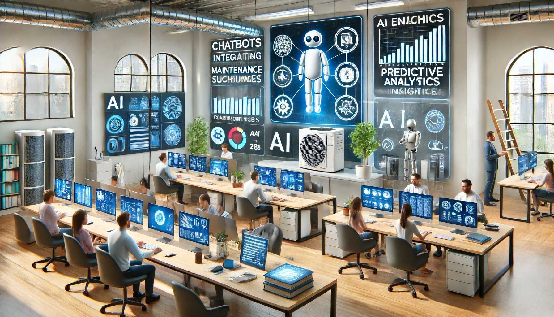 A group of people are sitting at desks in an office working on computers.