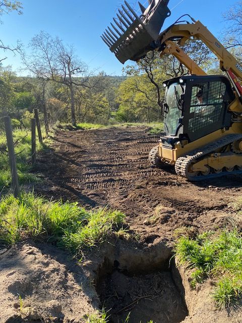 Excavator digs dirt beside a deep hole on a sunny wooded hillside path.