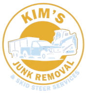 Kim&rsquo;s Junk Removal & Skid Steer Services logo with truck and skid steer in gold and white