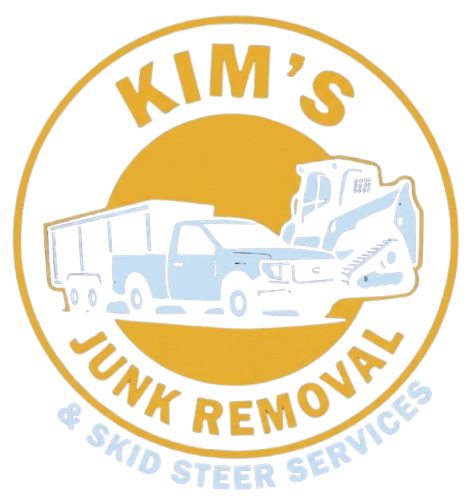 Kim&rsquo;s Junk Removal & Skid Steer Services logo with truck and skid steer in gold and white