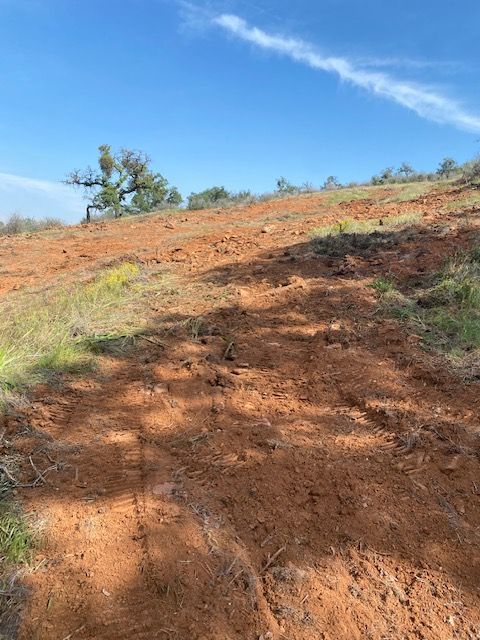 Steep reddish dirt hillside under a blue sky with a few small trees and scrub brush