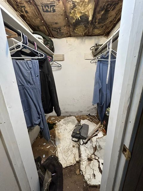 Damaged closet with moldy, collapsing ceiling, peeling walls, and debris on the floor
