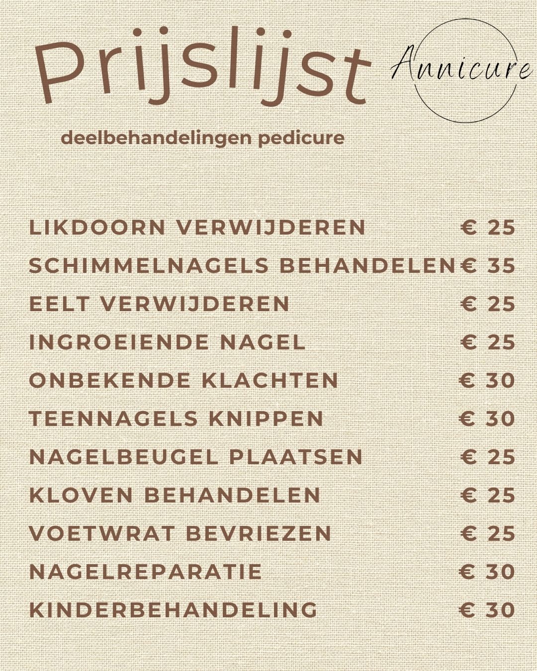 Prijslijst voor pedicurebehandelingen in het Nederlands.