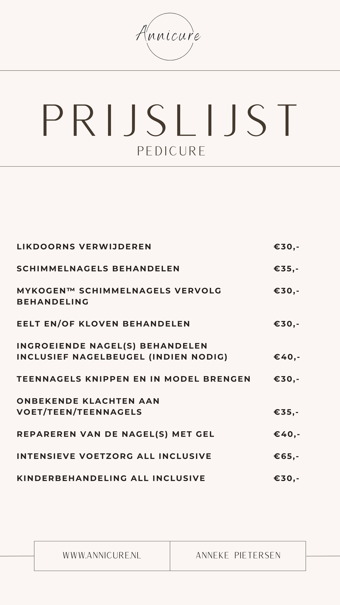 Prijslijst voor pedicurebehandelingen in het Nederlands.