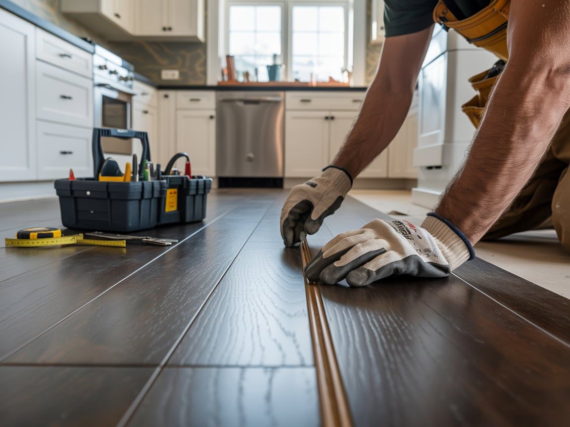 A person in work gloves installing laminate flooring in a kitchen.