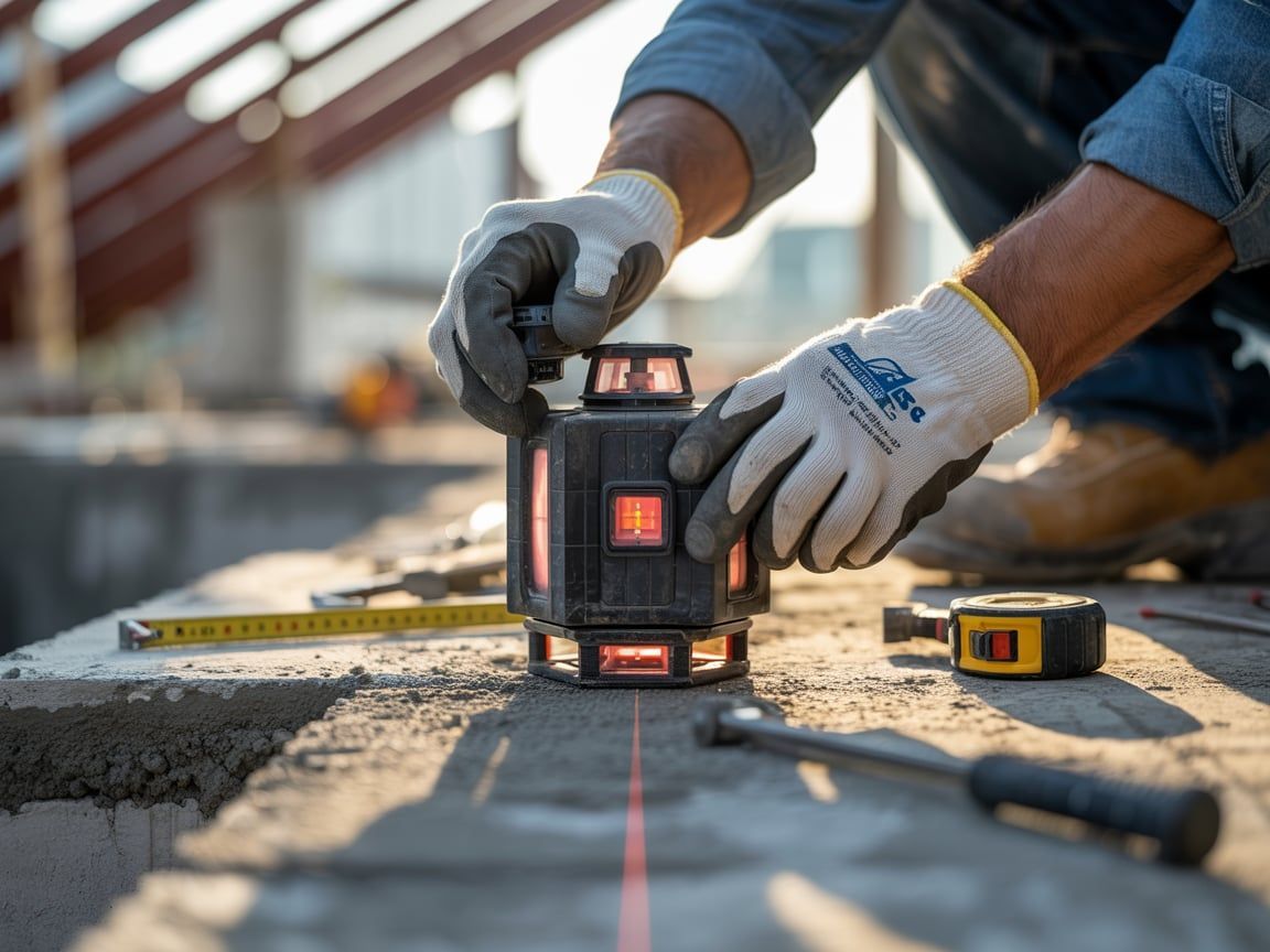 A construction worker using a red laser level on a concrete surface, outdoors.