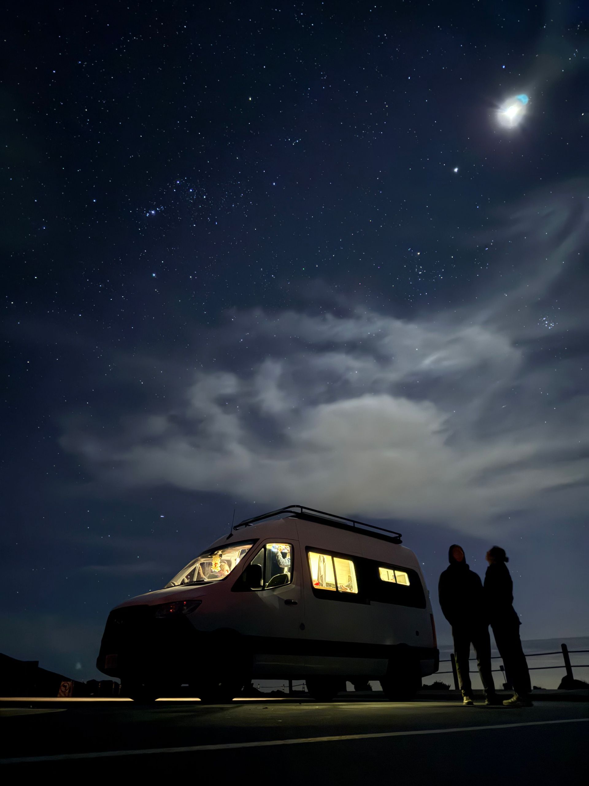 Starry night sky above a cozy rooftop view, available for rental by Mana Vans in Kēōkea, Maui, HI.
