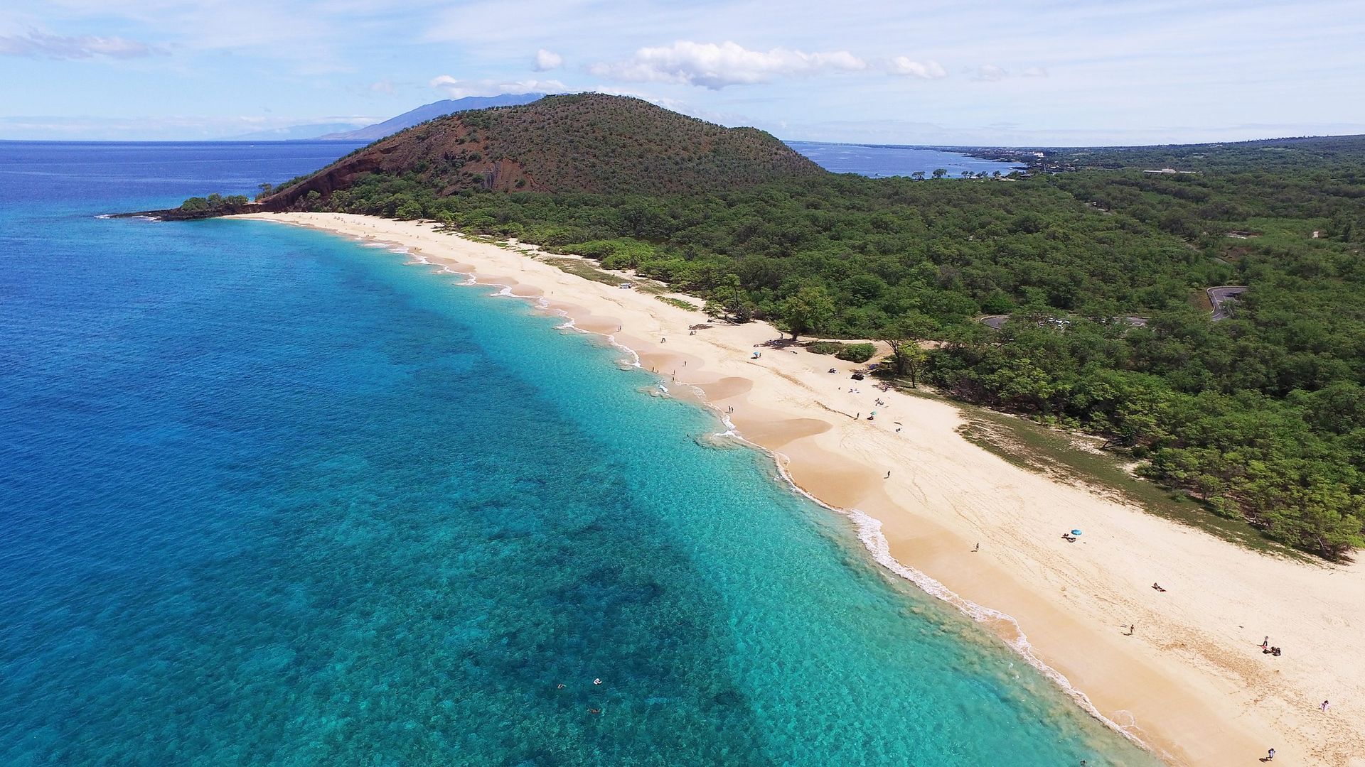 An aerial view of a beach with a mountain in the background.