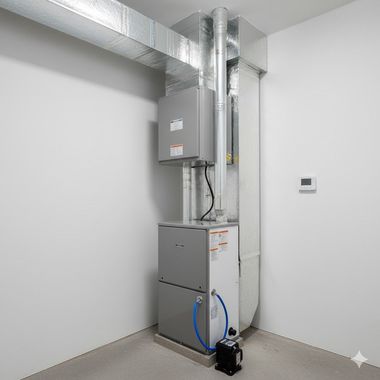 Furnace and air conditioning unit in a corner of a room, connected to ductwork. Gray and white.