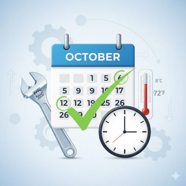 Calendar showing October with a wrench, clock, and thermometer, indicating maintenance or scheduling.