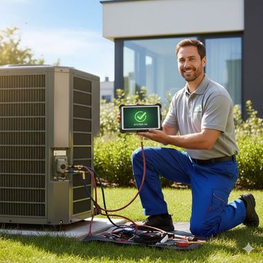 HVAC technician kneels near AC unit, holding tablet with a checkmark, outdoors on grass.