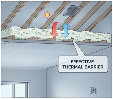 Diagram of attic insulation, labeled as an effective thermal barrier, with arrows showing heat flow.