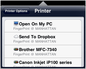 Airprint printer selection screen