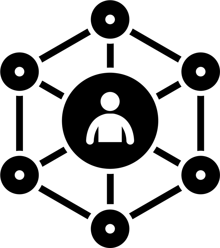 A person icon within a circle, connected to six other circles by lines, representing a network or connections.