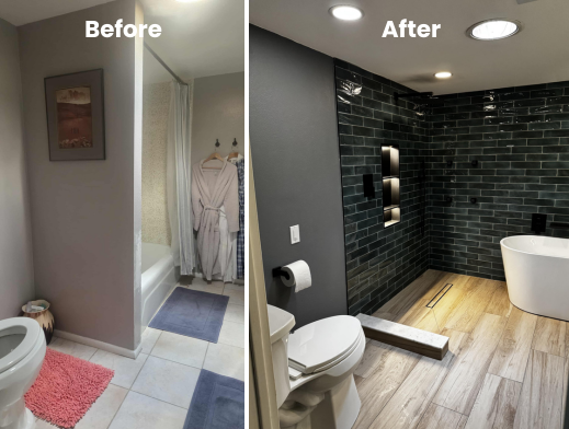Bathroom remodel before and after. Gray walls, brick shower, wood-look floor, and a modern bathtub.