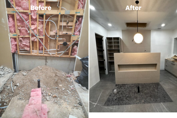 Before/After of a room renovation; the left shows the exposed wall frame with insulation