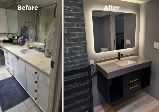 Bathroom renovation comparison: old vanity with mirror, new floating vanity with backlit mirror and blue tiled wall.