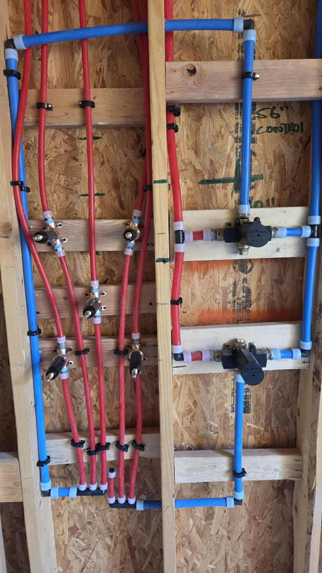 Pipes of red and blue PEX tubing installed in a wooden wall frame. Includes black valves and pipe clips.