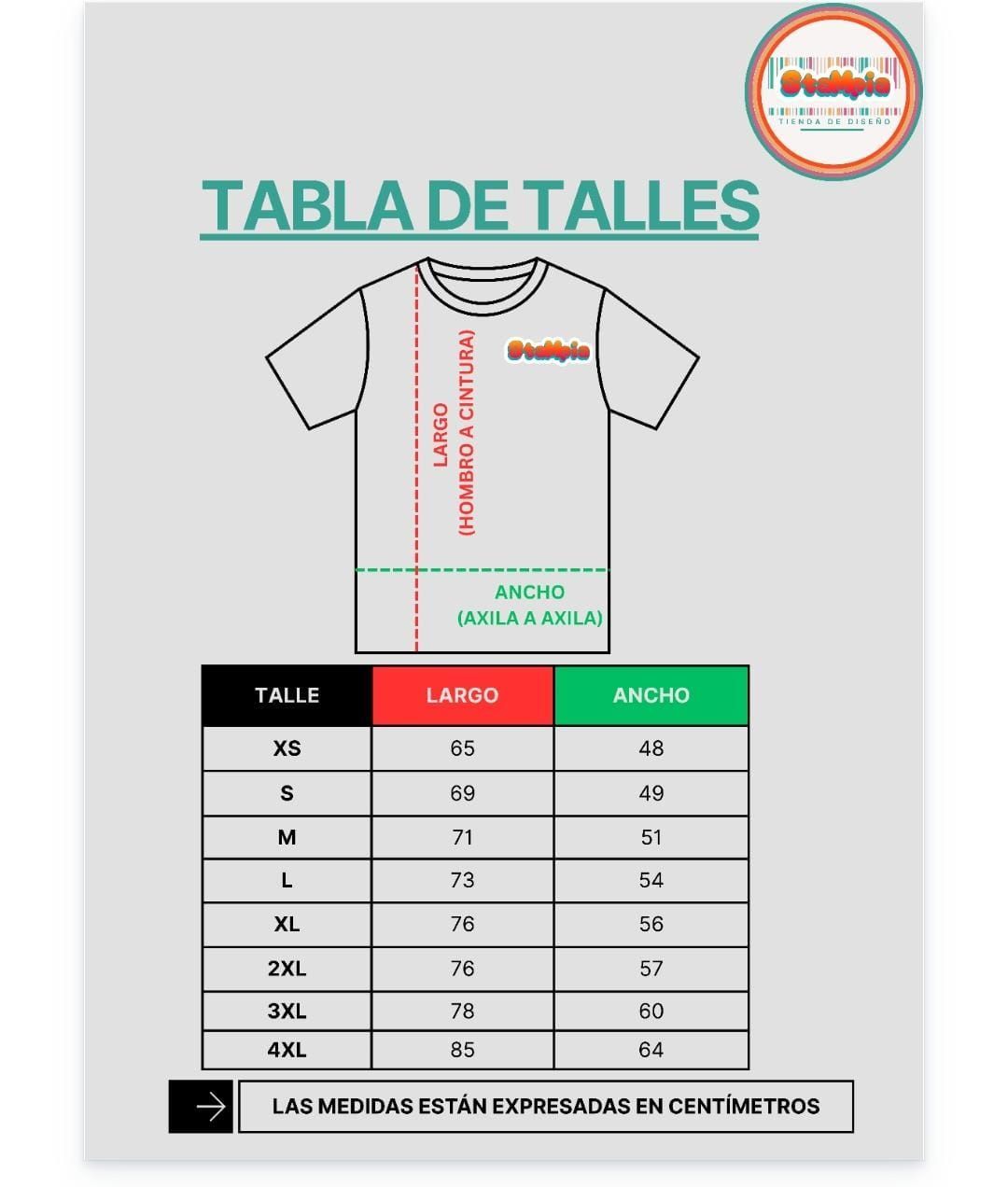 Tabla de tallas de camisetas con medidas en cent&iacute;metros: tallas XS-3XL, mostrando largo y ancho.