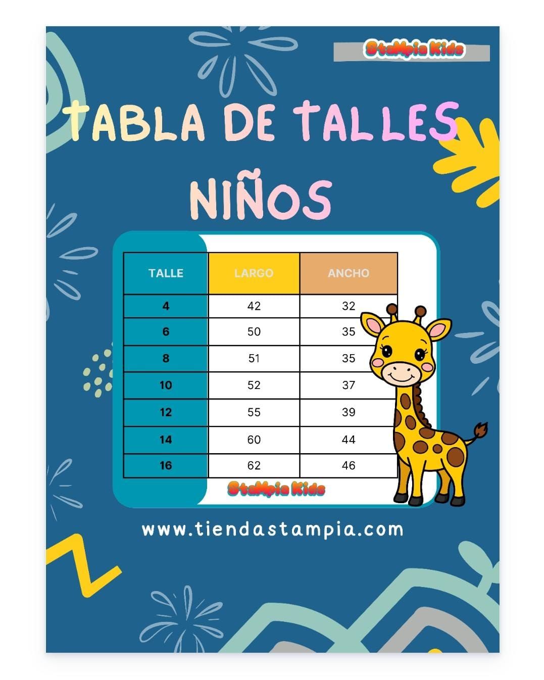 Tabla de tallas para ni&ntilde;os con ilustraci&oacute;n de jirafa.