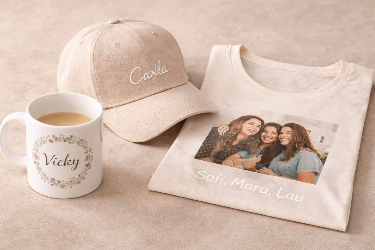 Regalos personalizados: gorra, taza y camiseta con fotos y nombres sobre superficie beige.