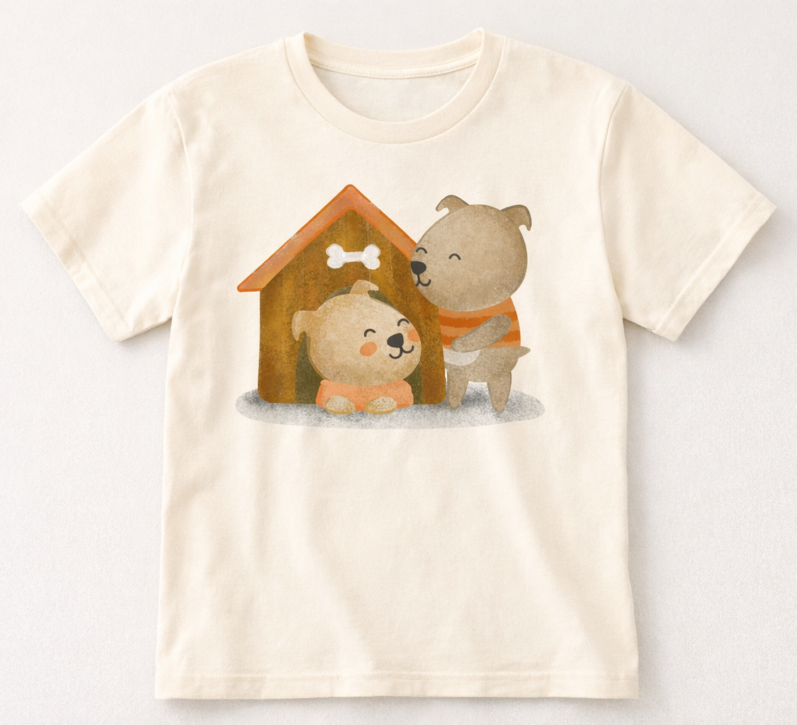 Dos perros de dibujos animados con una caseta sobre una camiseta beige. Uno abraza al otro, que está dentro de la casa.