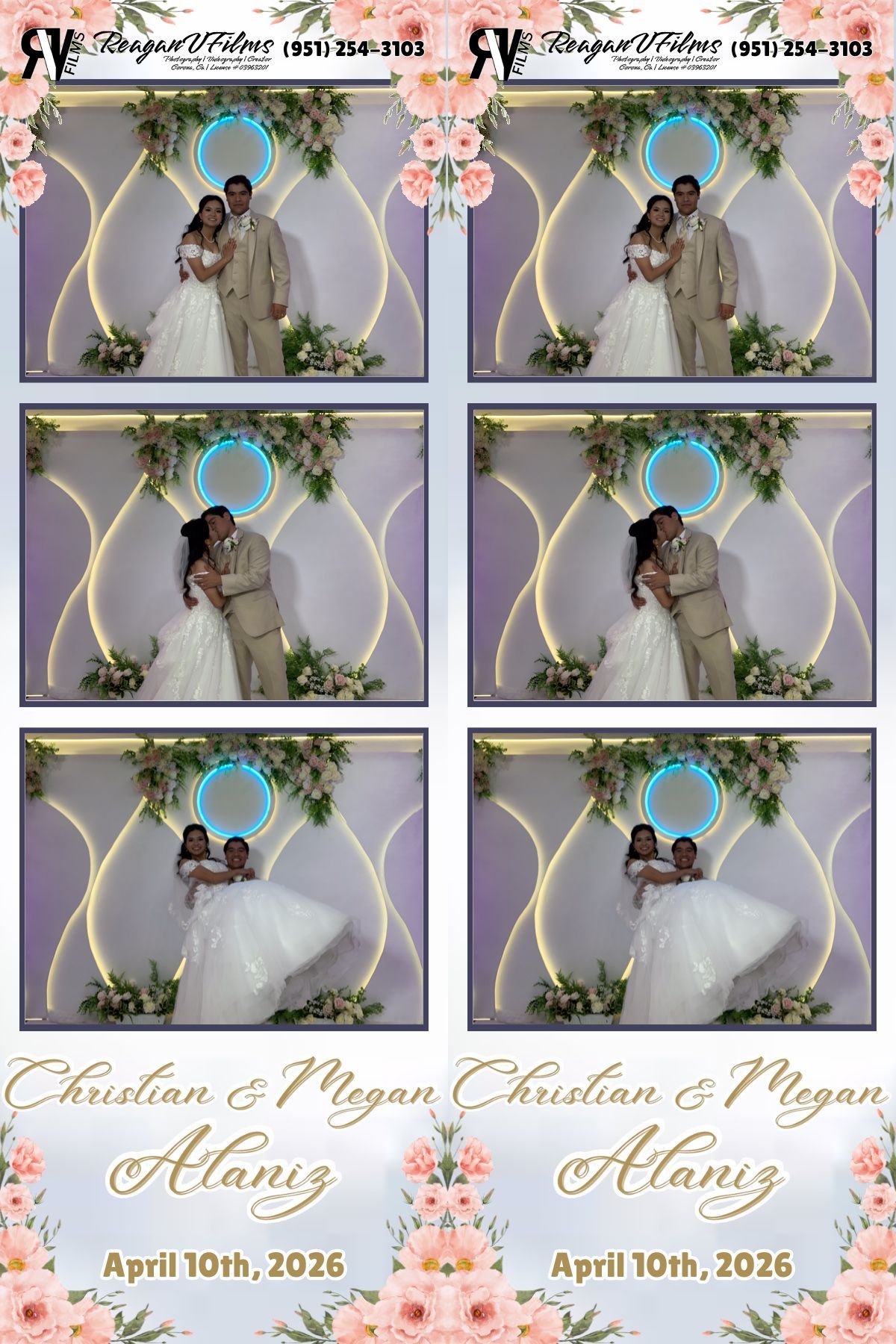 A wedding photo strip with three poses of a couple, floral borders, and the text 