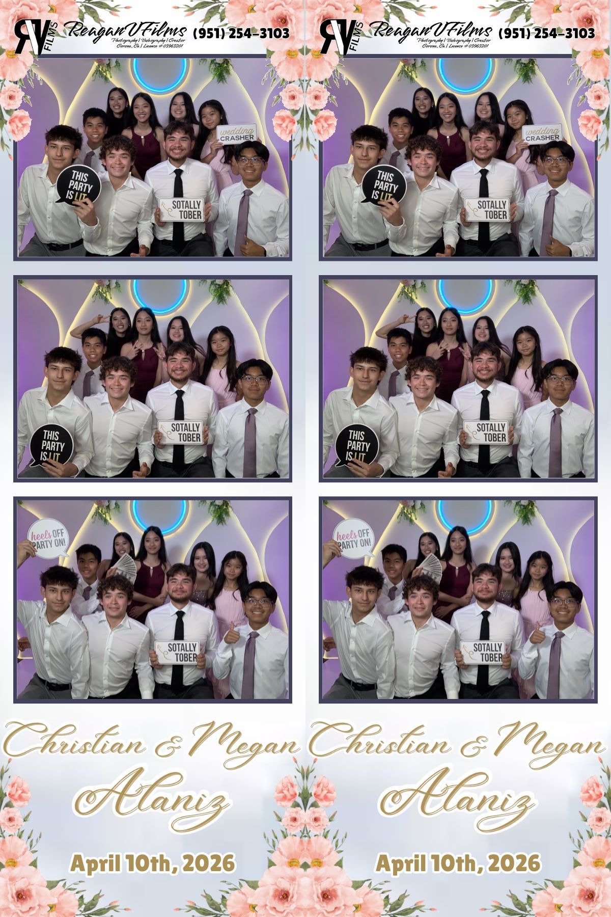 A photo strip of a group at a wedding, featuring the names Christian & Megan Alaniz and the date April 10th, 2026.