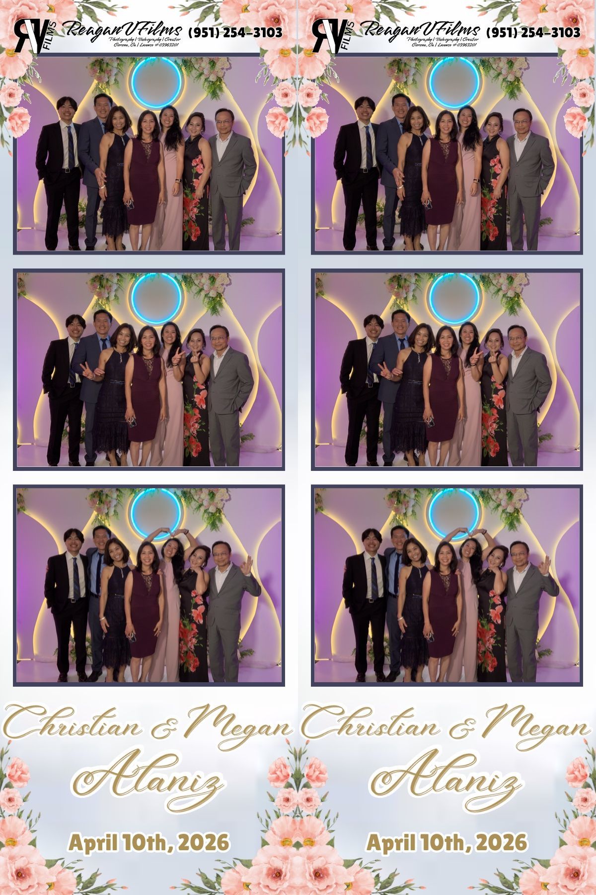 A photo booth strip showing a group of people posing against a floral backdrop, with text noting an April 10, 2026 wedding.