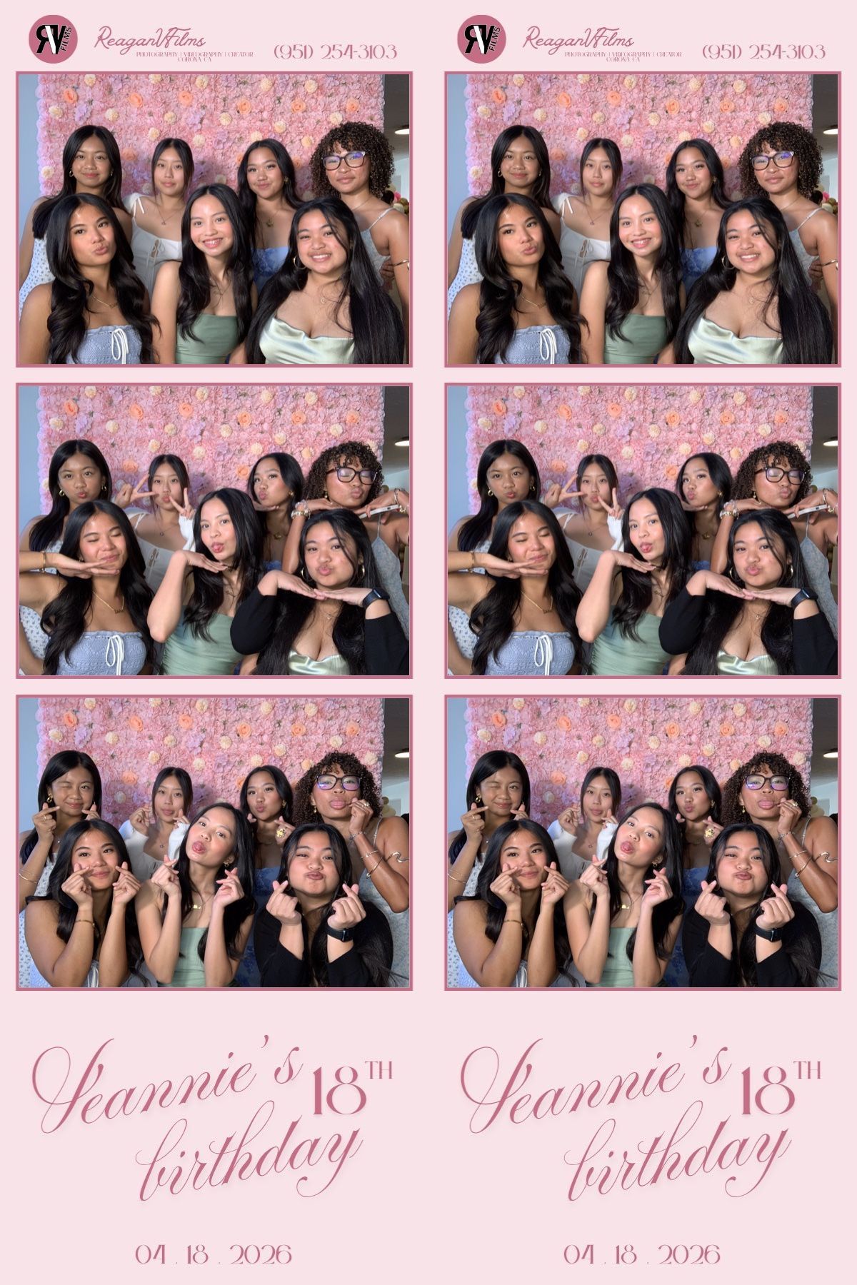 A photo booth strip showing a group of people posing together at a 