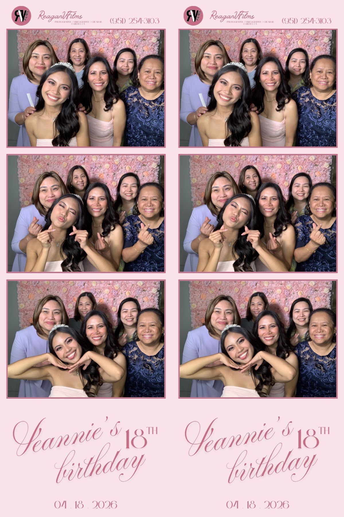 A two-column photostrip showing a group posing with party props at a 