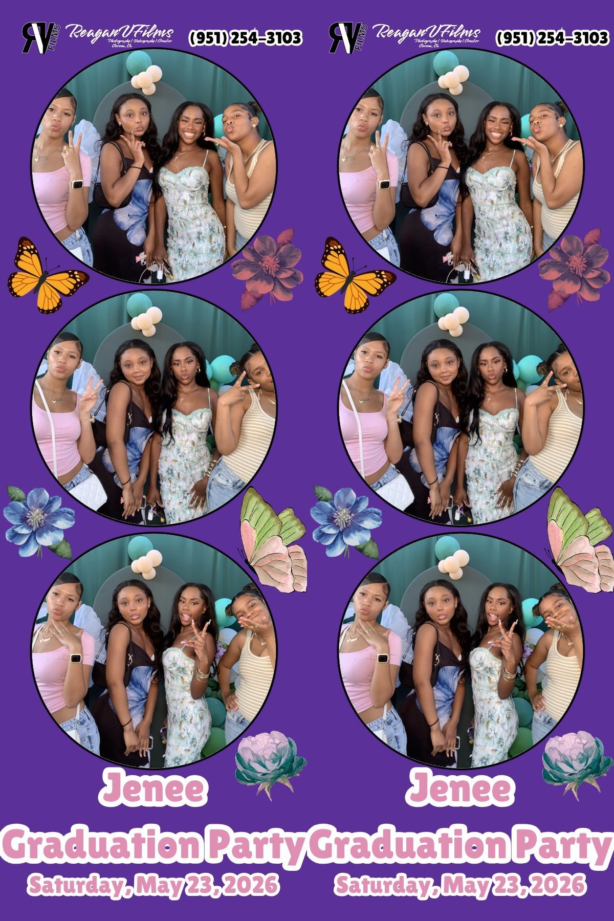 A two-column photostrip showing a group posing with party props at a