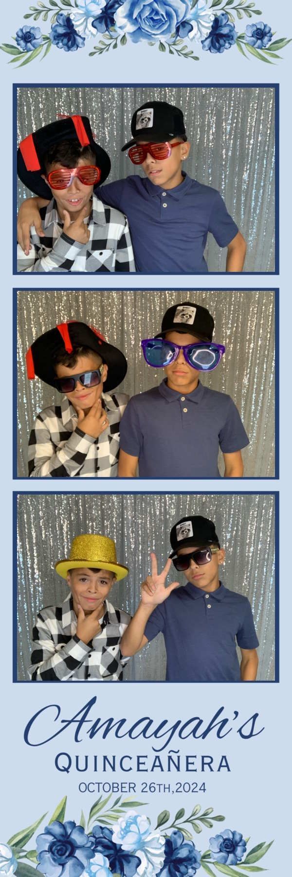 Photo booth strip: people in party hats/glasses posing for Angel Briones Torres’ 6th birthday. Transformers graphic.