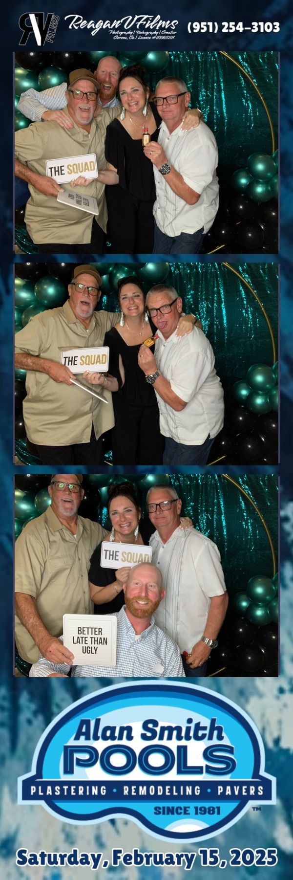 Photo booth strip: Three women posing in front of a silver backdrop.  They are making silly faces, and peace signs.  