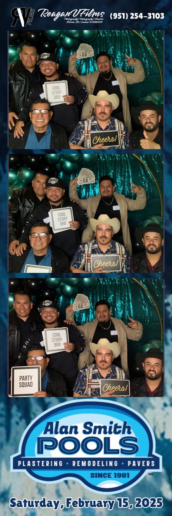 Photo booth strip: five women posing with peace signs and smiling. 