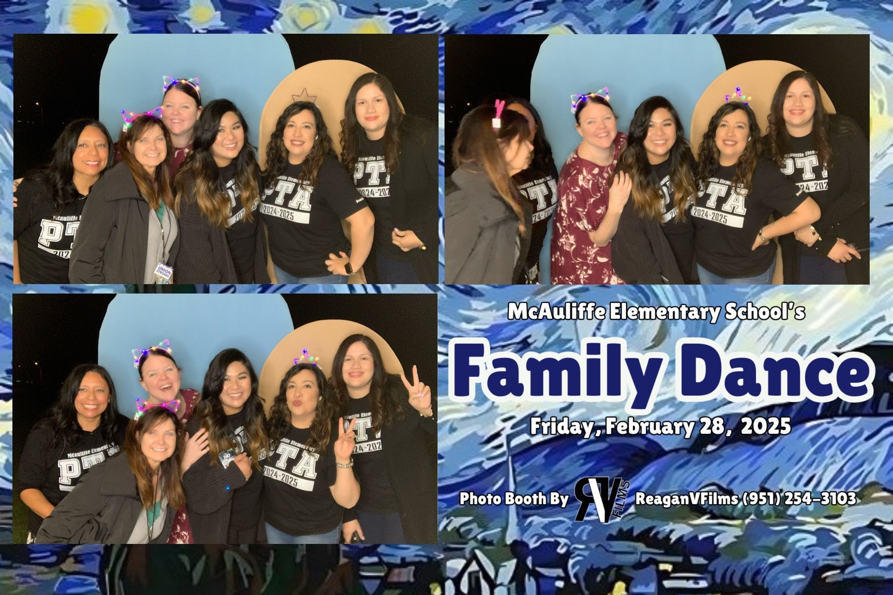 Photo booth collage: Danny Jorda's 70th birthday. Group poses with props in front of a gold backdrop.