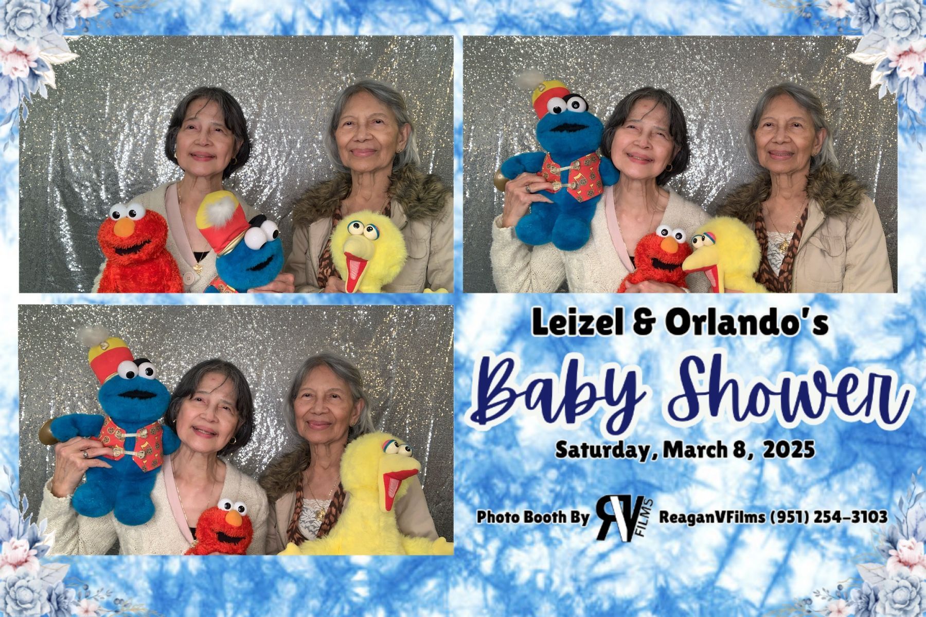 Photo booth montage: Danny Jorda's 70th birthday. Groups of people smiling; gold backdrop. Text overlay.