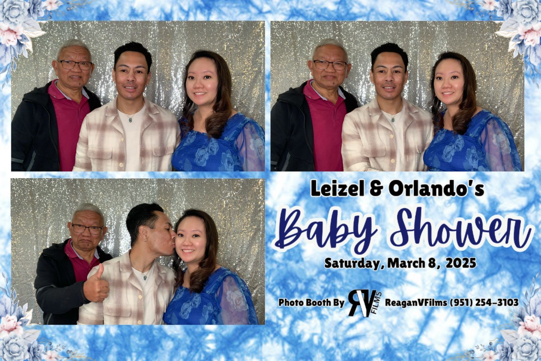 Photo booth collage: Danny Jorda's 70th birthday. Group poses with props in front of a gold backdrop.