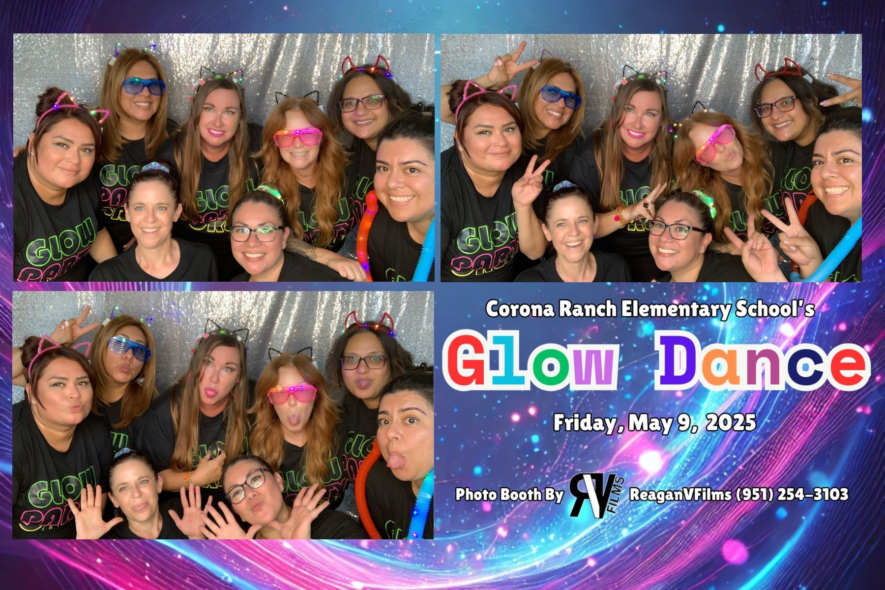 Photo booth collage: Danny Jorda's 70th birthday. Group poses with props in front of a gold backdrop.