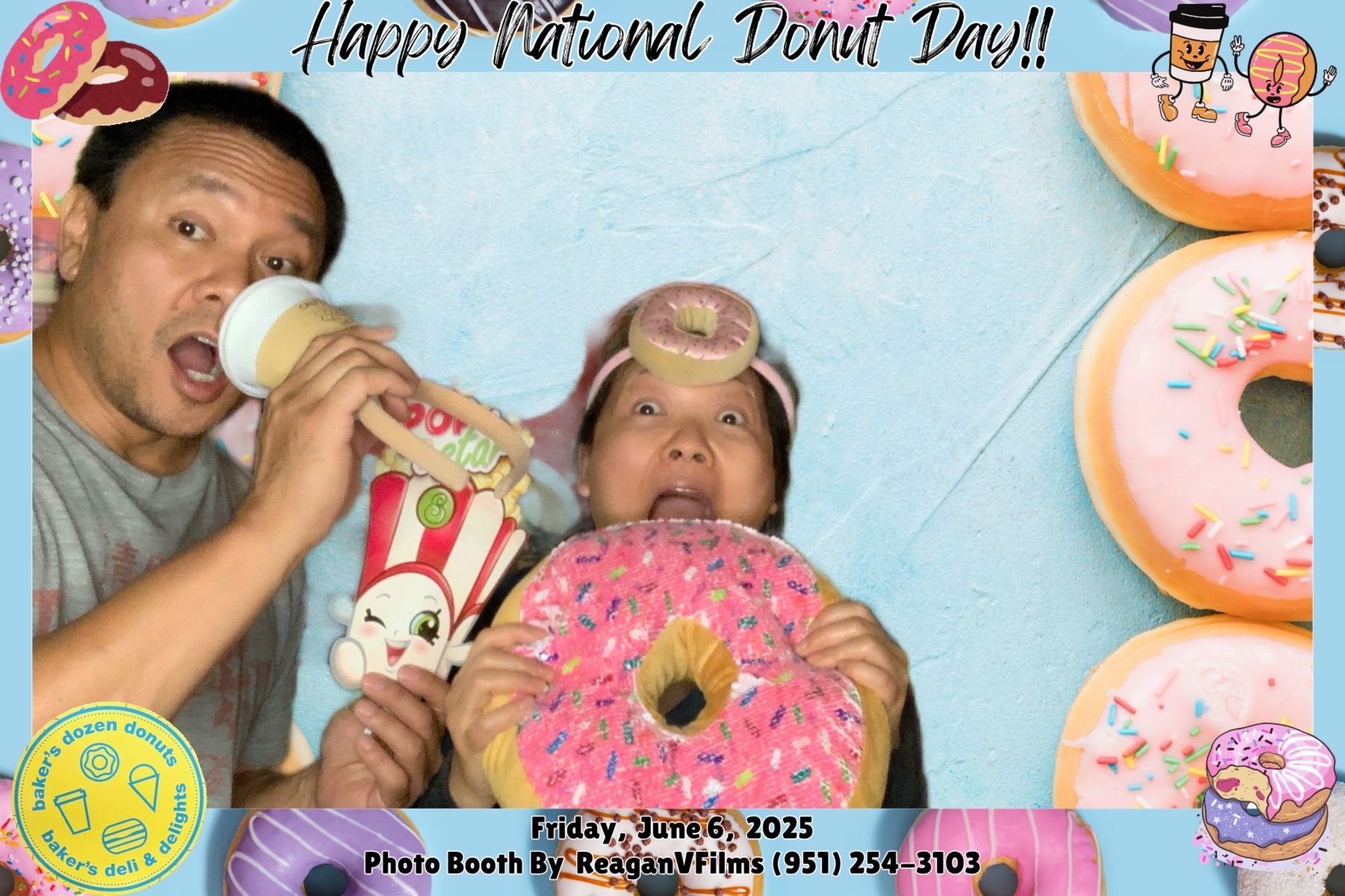 Photo booth collage: Danny Jorda's 70th birthday. Group poses with props in front of a gold backdrop.