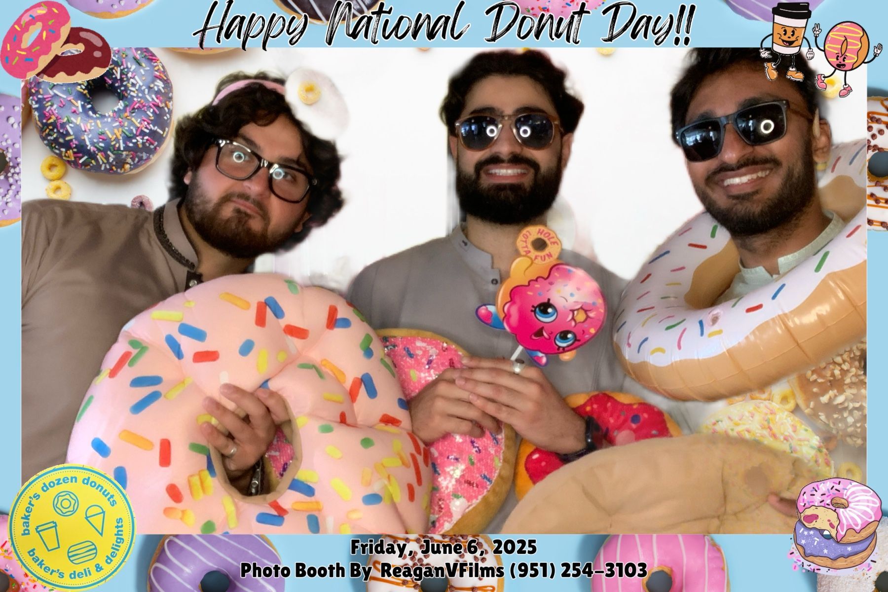 Photo booth collage: Danny Jorda's 70th birthday. Group poses with props in front of a gold backdrop.