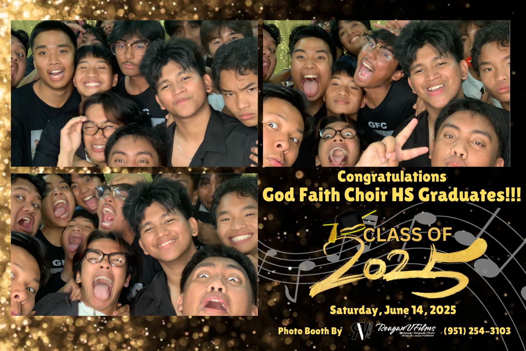 Photo booth collage: Danny Jorda's 70th birthday. Group poses with props in front of a gold backdrop.
