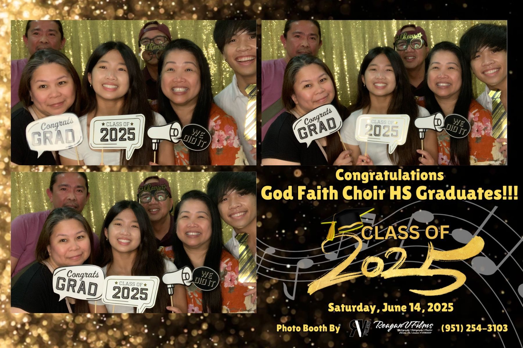 Photo booth collage: Danny Jorda's 70th birthday. Group poses with props in front of a gold backdrop.