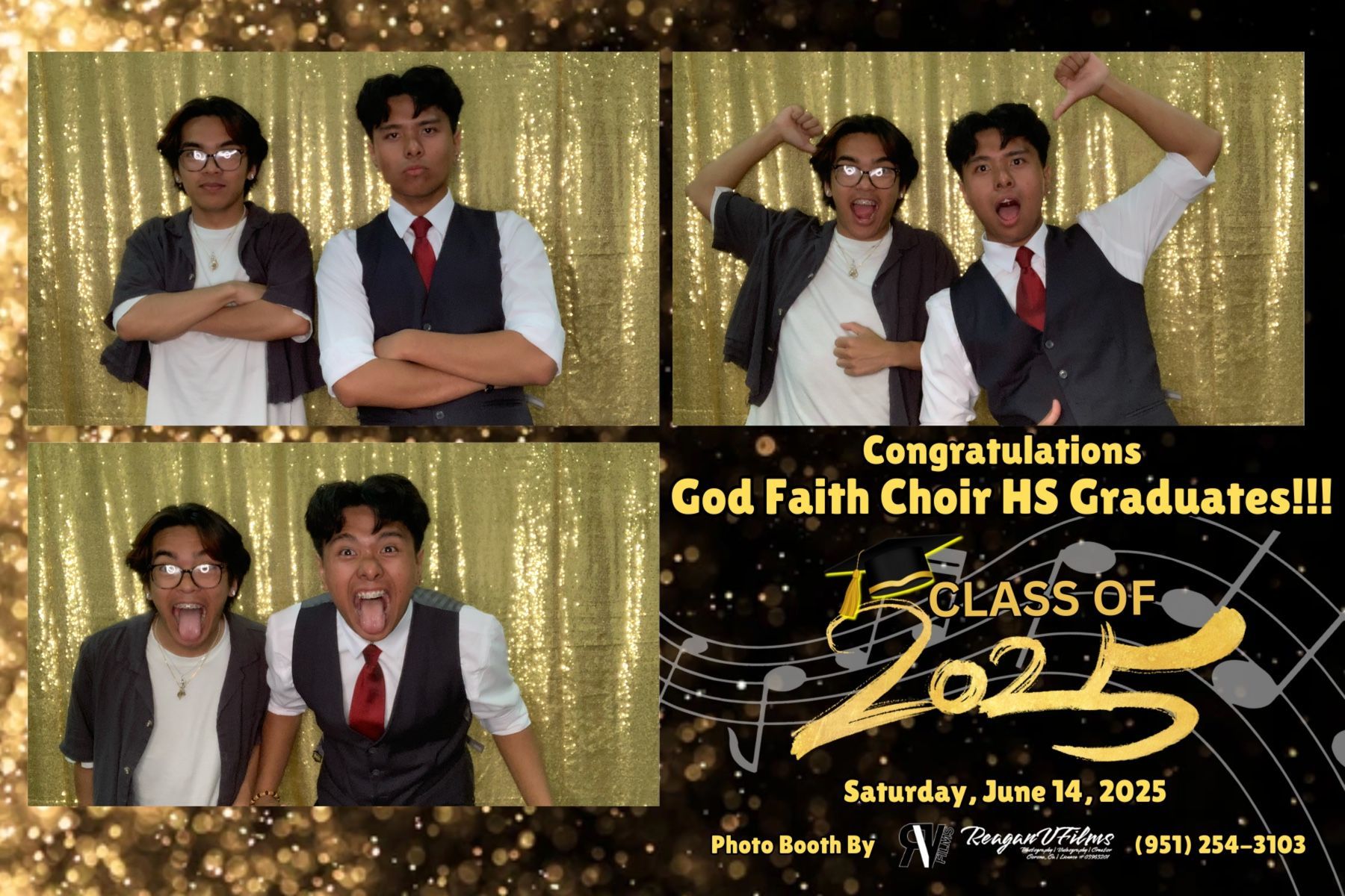 Photo booth collage: Danny Jorda's 70th birthday. Group poses with props in front of a gold backdrop.