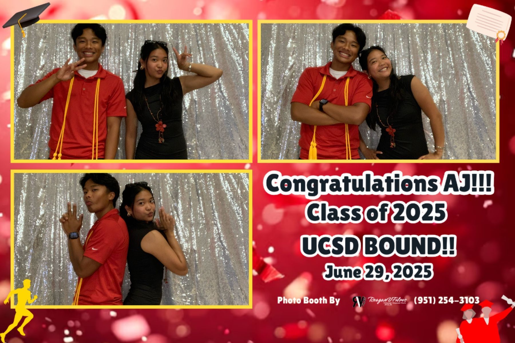 Photo booth collage: Danny Jorda's 70th birthday. Group poses with props in front of a gold backdrop.